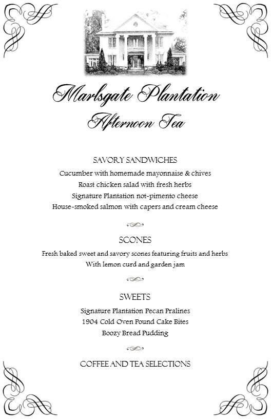 Marlsgate Plantation -- Menu Afternoon Tea